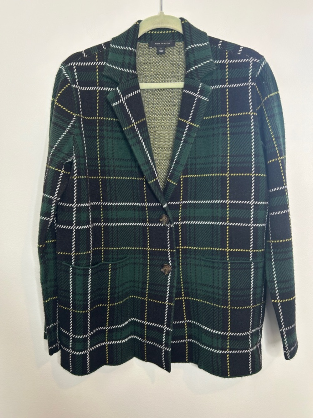 Ann Taylor Green Plaid Sweater Blazer Size Medium - Picture 2 of 6